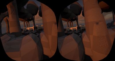 an off-kilter side-by-side view, like looking through goggles, of a partially-complete virtual park environment with untextured trees and rocks, and dramatic sunset lighting.