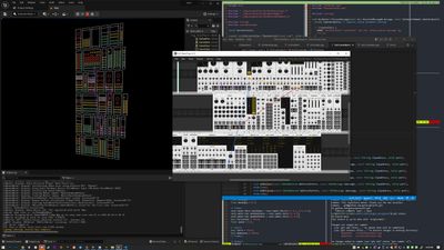 a screenshot of a computer screen showing a software modular synthesizer app on one side, and a crude recreation of that interface in a game engine on the other side.