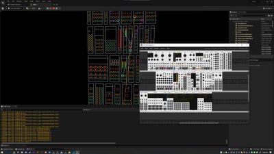 a screenshot of a computer screen showing a software modular synthesizer app on one side, and a crude recreation of that interface, including glowing lights, in a game engine on the other side.